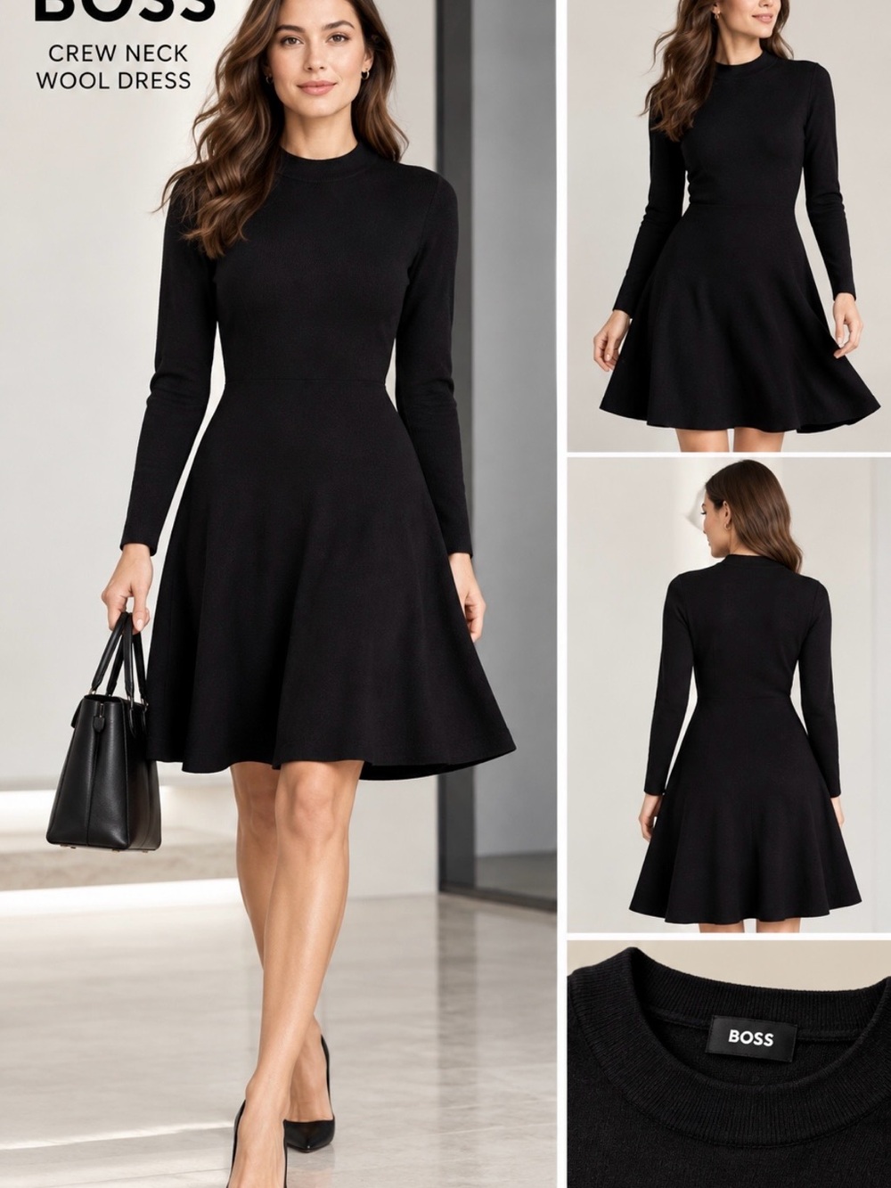 Boss Black Crew Neck Wool Midi Dress